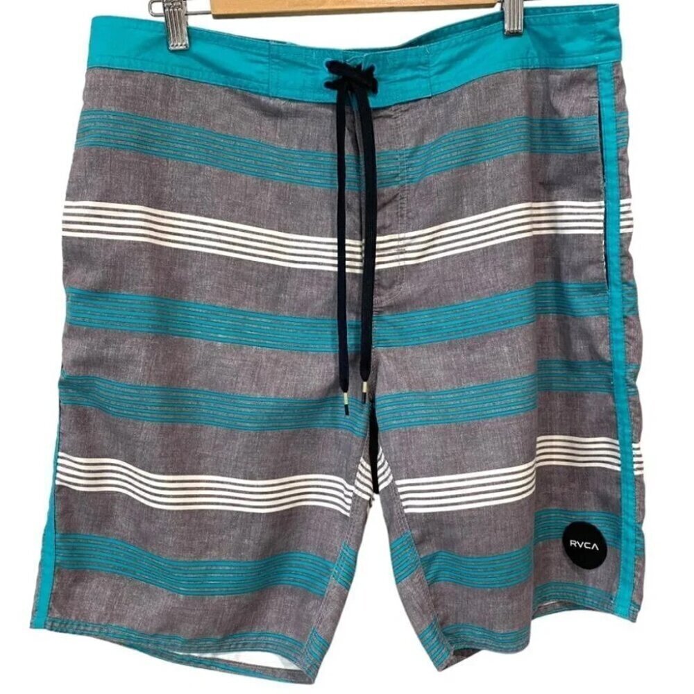 RVCA Classic Non-Stretch Board Shorts Size 36 Blue and Grey Striped